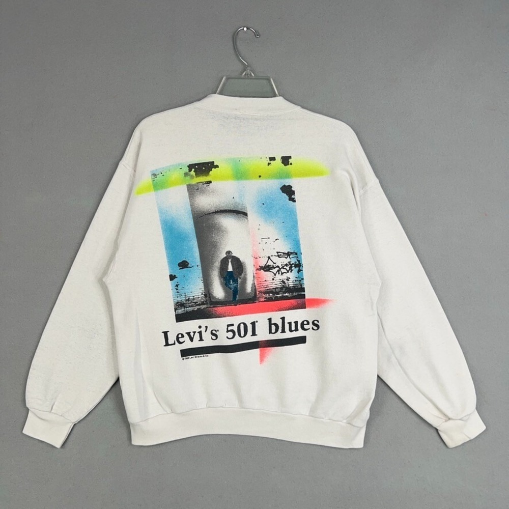Vintage Levis Sweatshirt Mens Small White 501 Blues Pullover Double Sided 1988